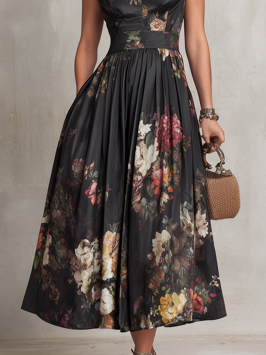 Elegant Floral Midi Dress for Women with High Neck Sleeveless Pleated Formal Style