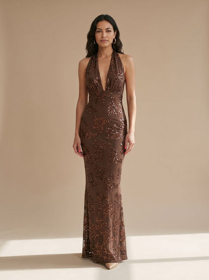 Elegant Floral Sequin Wedding Guest Gown for Women with Halter Deep-V Floor-Length Fall Formal Style