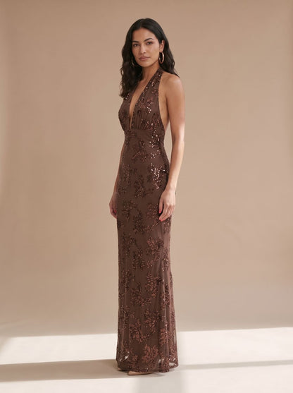 Elegant Floral Sequin Wedding Guest Gown for Women with Halter Deep-V Floor-Length Fall Formal Style
