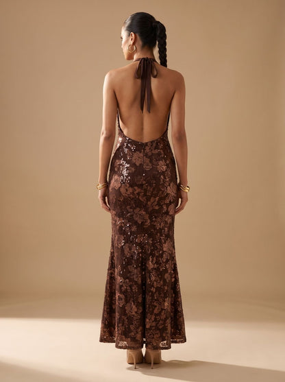 Elegant Floral Sequin Wedding Guest Gown for Women with Halter Deep-V Floor-Length Fall Formal Style