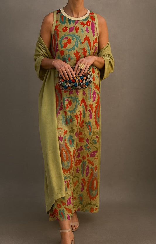 Effortless Floral Maxi Dress for Women with Round Neck Elbow Sleeve Flowing Bohemian Kaftan Style