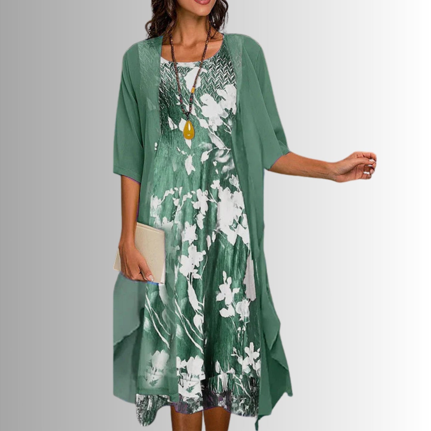 Effortless Floral Dress Set for Women with Sheer Jacket Short Sleeve Relaxed Two Piece Style