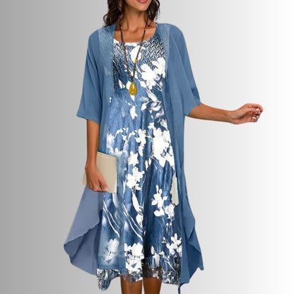 Effortless Floral Dress Set for Women with Sheer Jacket Short Sleeve Relaxed Two Piece Style