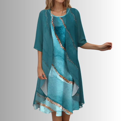 Effortless Floral Dress Set for Women with Sheer Jacket Short Sleeve Relaxed Two Piece Style