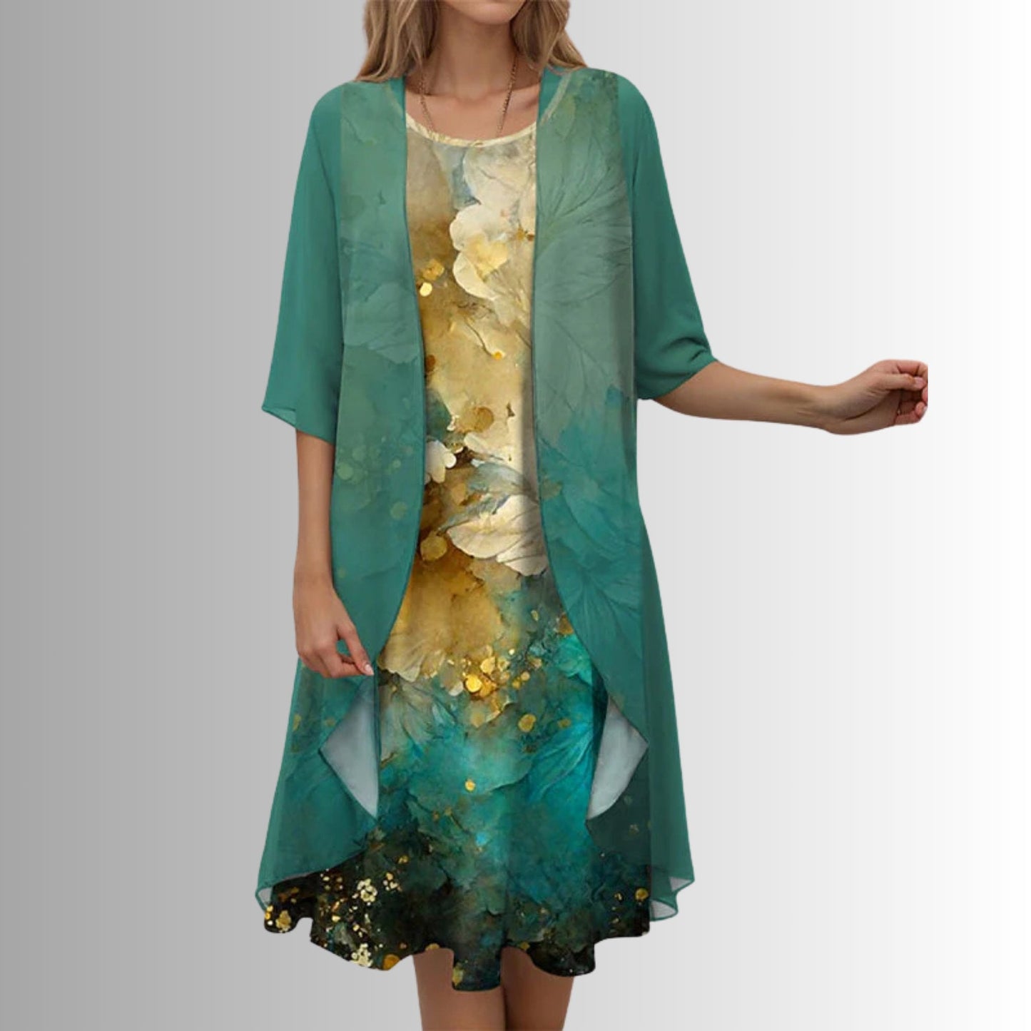 Effortless Floral Dress Set for Women with Sheer Jacket Short Sleeve Relaxed Two Piece Style