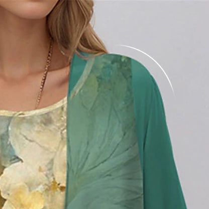 Effortless Floral Dress Set for Women with Sheer Jacket Short Sleeve Relaxed Two Piece Style