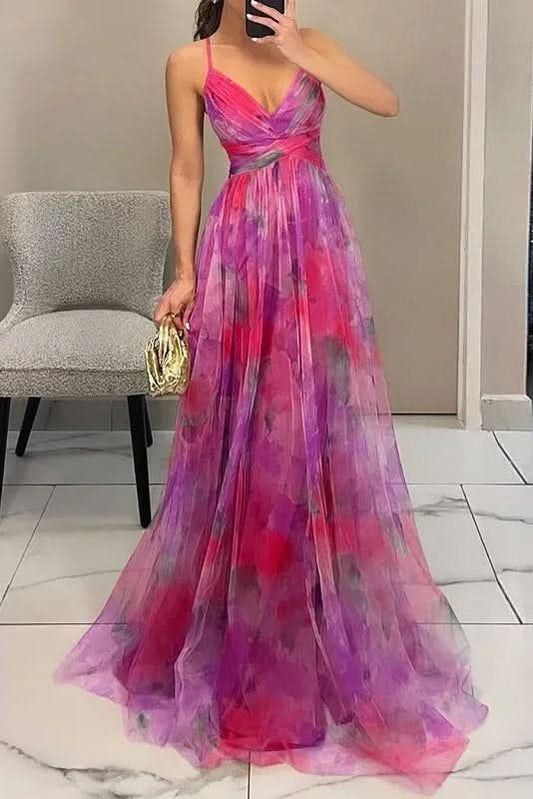 Elegant Pink Dress for Women with V Neck Spaghetti Strap Floral Print Draped Maxi Wedding Guest Style