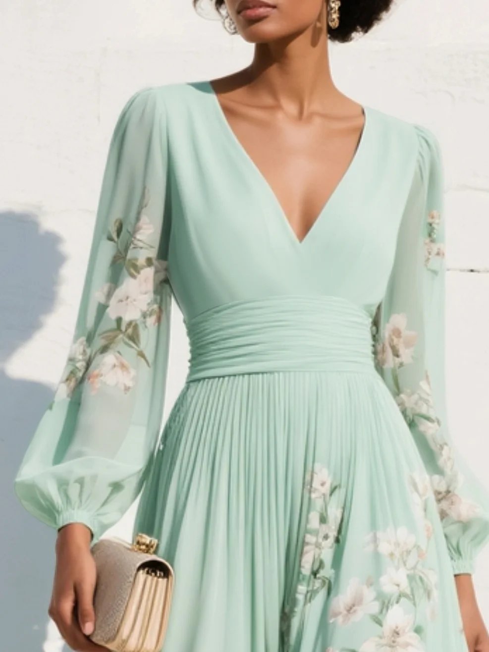 Freya | Women's Floral V-Neck Balloon-Sleeve Midi Dress
