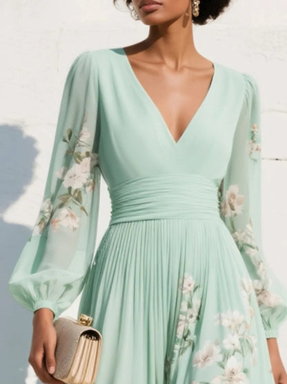 Freya | Women's Floral V-Neck Balloon-Sleeve Midi Dress