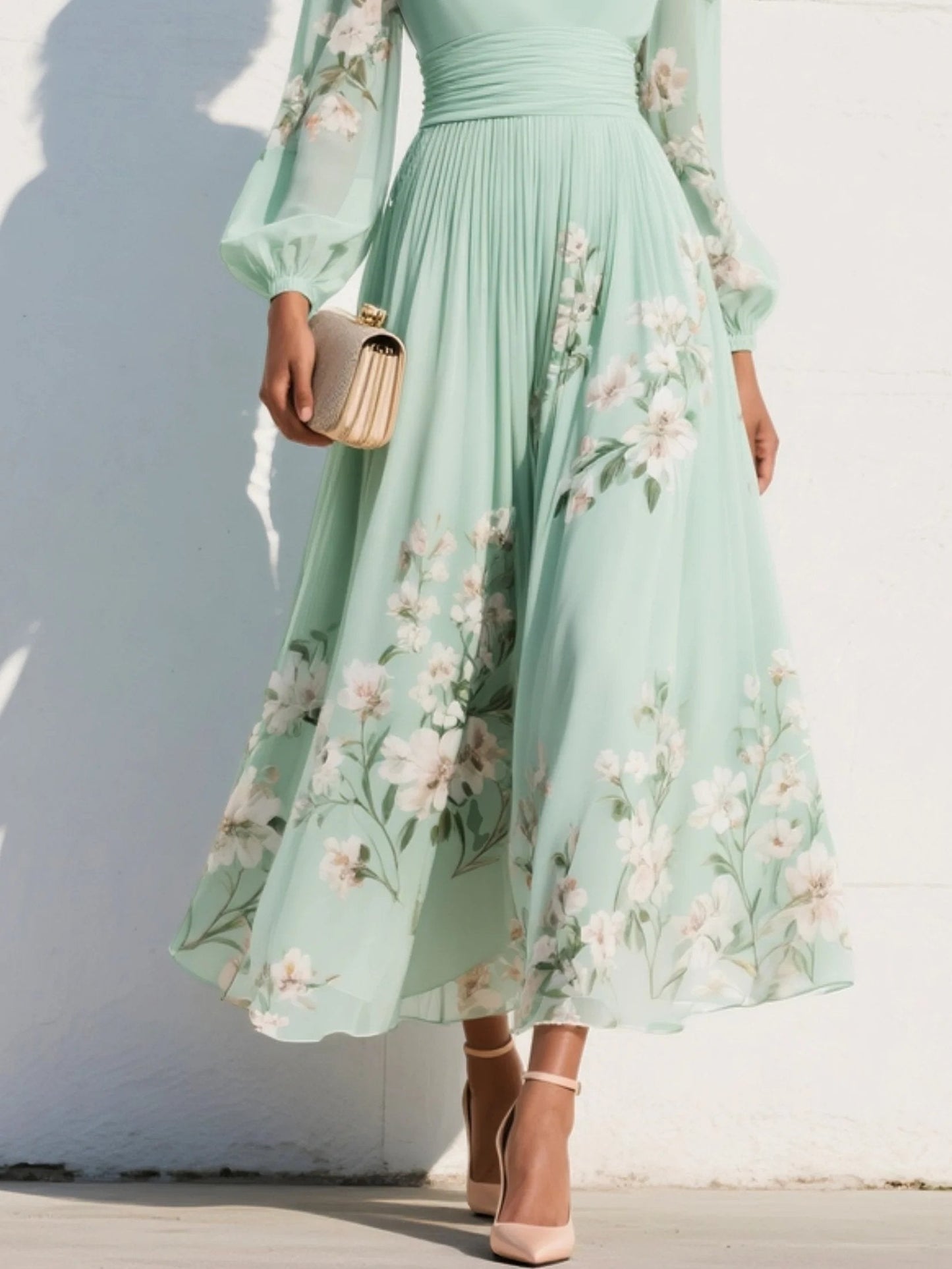 Freya | Women's Floral V-Neck Balloon-Sleeve Midi Dress