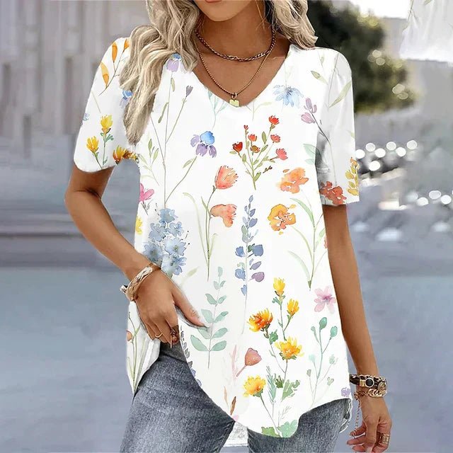 Effortless Floral Blouses for Women with V Neck Short Sleeve Relaxed Flowing Tunic Style