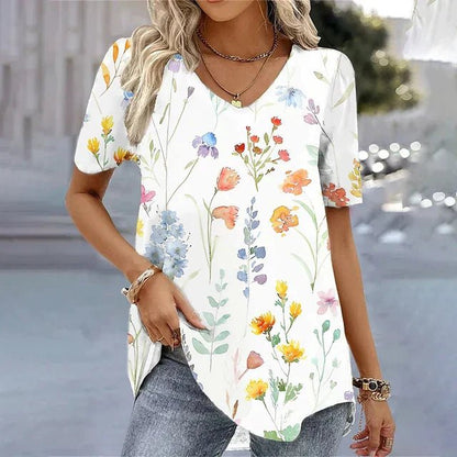 Effortless Floral Blouses for Women with V Neck Short Sleeve Relaxed Flowing Tunic Style