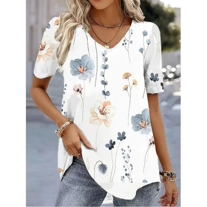 Effortless Floral Blouses for Women with V Neck Short Sleeve Relaxed Flowing Tunic Style