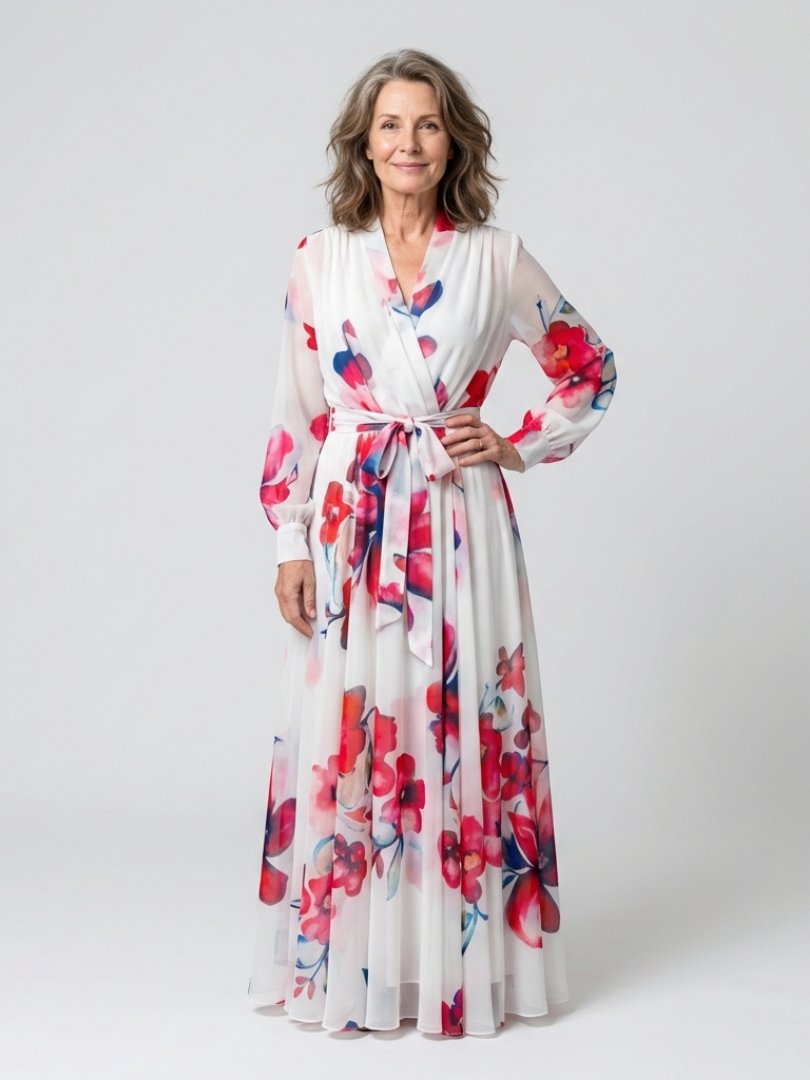 Elegant Wedding Guest Dress for Women with V Neck Long Sleeve Floral Wrap Maxi Formal Style