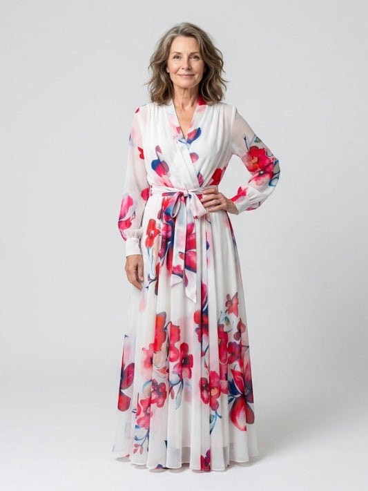Elegant Wedding Guest Dress for Women with V Neck Long Sleeve Floral Wrap Maxi Formal Style