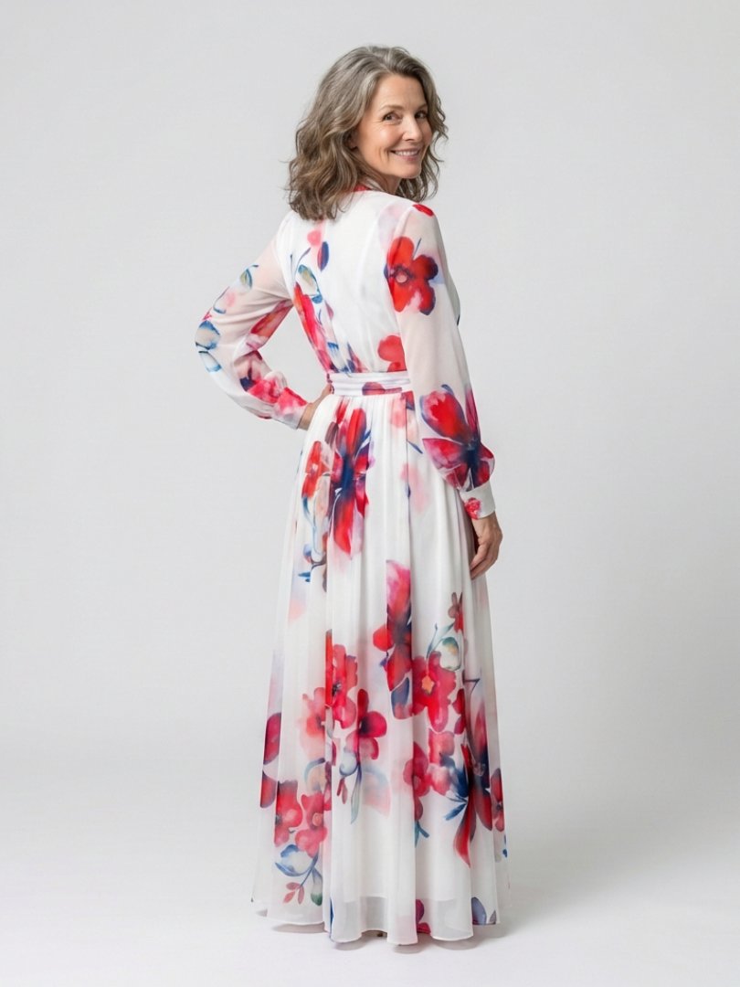 Elegant Wedding Guest Dress for Women with V Neck Long Sleeve Floral Wrap Maxi Formal Style