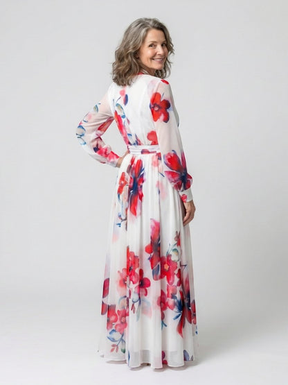 Elegant Wedding Guest Dress for Women with V Neck Long Sleeve Floral Wrap Maxi Formal Style