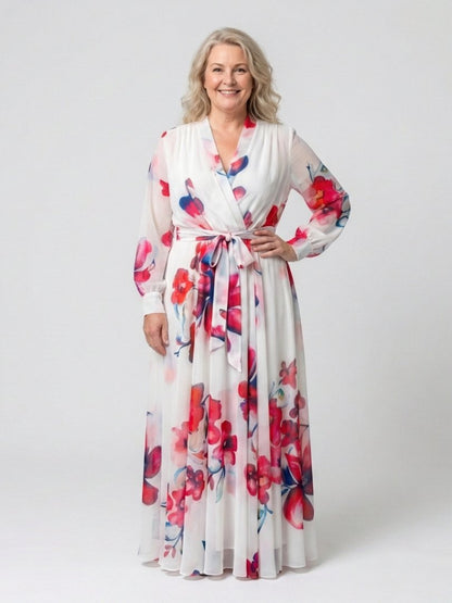 Elegant Wedding Guest Dress for Women with V Neck Long Sleeve Floral Wrap Maxi Formal Style