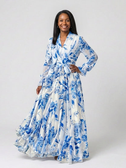 Elegant Wedding Guest Dress for Women with V Neck Long Sleeve Floral Wrap Maxi Formal Style