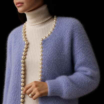 Chic Fluffy Knit Cardigan for Women with Open Front Long Sleeve Pearl Bead Trim Cropped Style