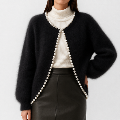 Chic Fluffy Knit Cardigan for Women with Open Front Long Sleeve Pearl Bead Trim Cropped Style