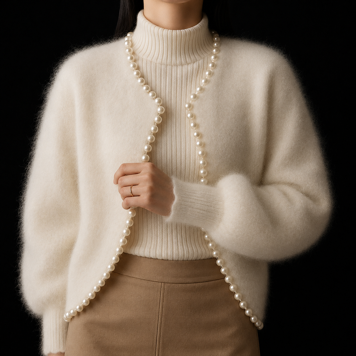 Chic Fluffy Knit Cardigan for Women with Open Front Long Sleeve Pearl Bead Trim Cropped Style