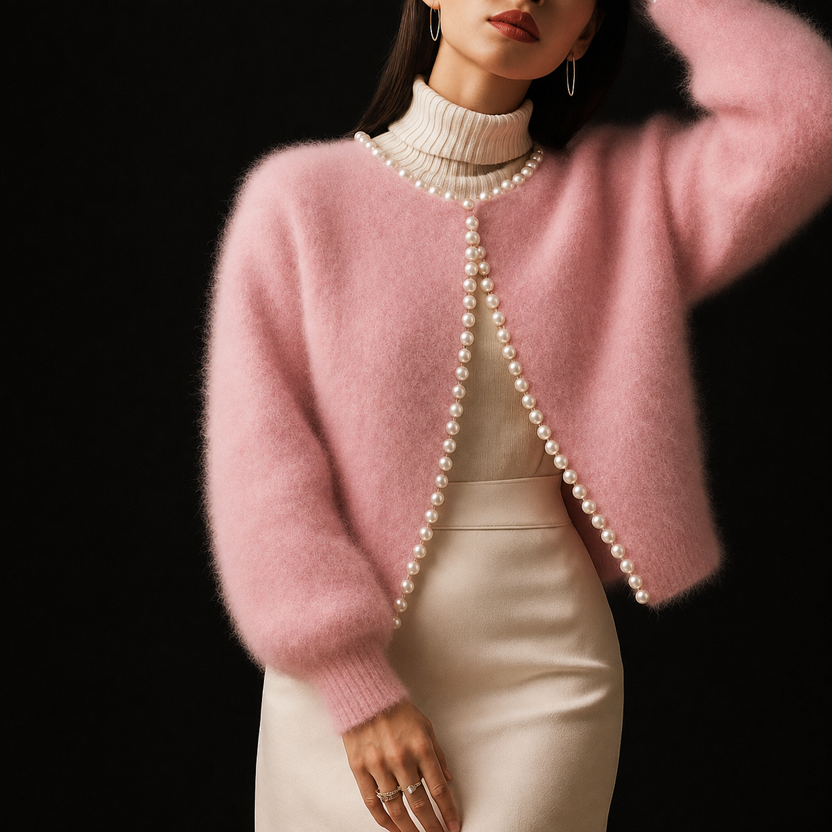 Chic Fluffy Knit Cardigan for Women with Open Front Long Sleeve Pearl Bead Trim Cropped Style