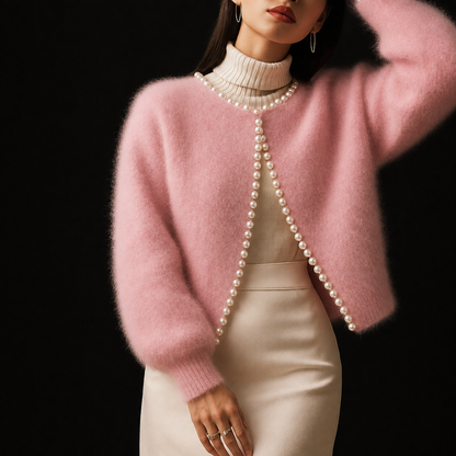 Chic Fluffy Knit Cardigan for Women with Open Front Long Sleeve Pearl Bead Trim Cropped Style
