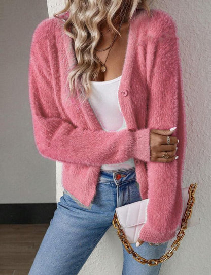 Chic Pink Cardigan for Women with V Neck Long Sleeve Fluffy Knit Button Front Style