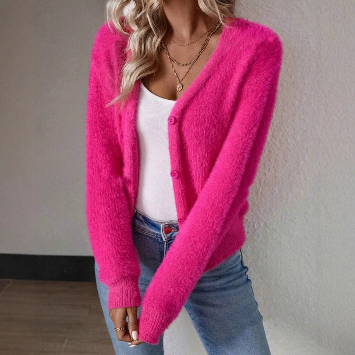Chic Pink Cardigan for Women with V Neck Long Sleeve Fluffy Knit Button Front Style