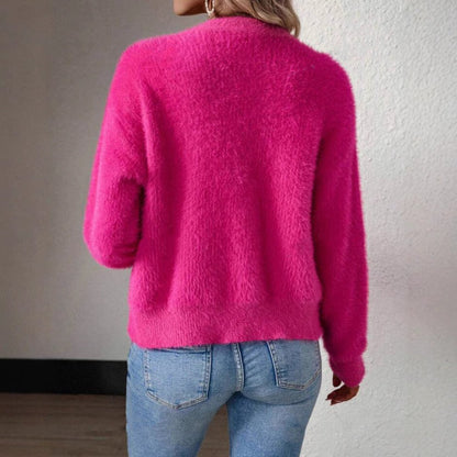 Chic Pink Cardigan for Women with V Neck Long Sleeve Fluffy Knit Button Front Style