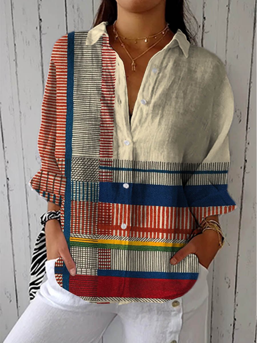 Stylish Geometric Print Blouse for Women with Long Sleeve Button Up Design
