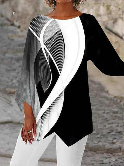Stylish Black and White Tunics for Women with Geometric Print Asymmetric Hem Long Sleeve