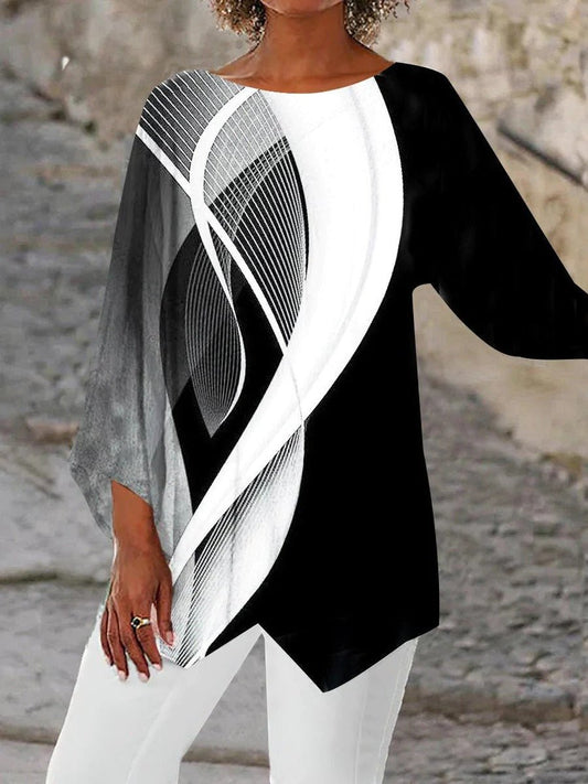Stylish Black and White Tunics for Women with Geometric Print Asymmetric Hem Long Sleeve