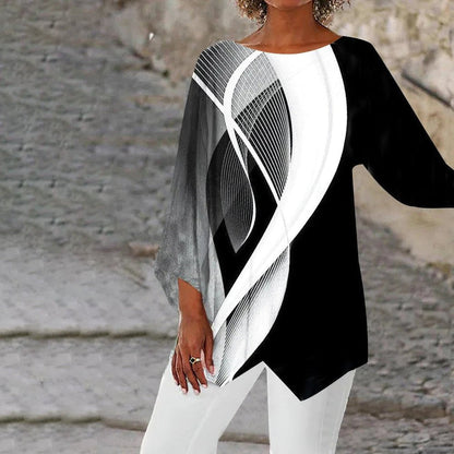 Stylish Black and White Tunics for Women with Geometric Print Asymmetric Hem Long Sleeve
