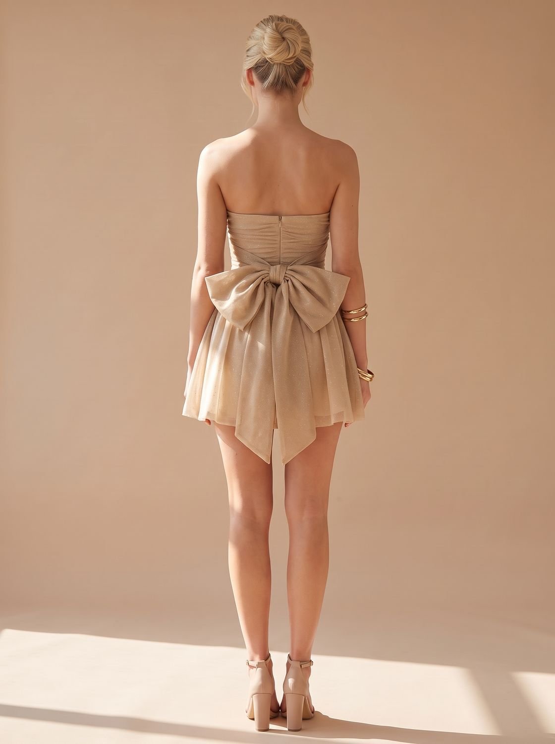 Elegant Glitter Cocktail Mini Dress for Women with Strapless Bustier Ruched Flared Christmas Party Style