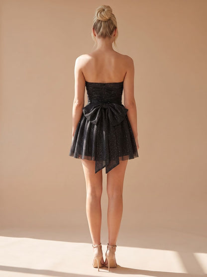 Elegant Glitter Cocktail Mini Dress for Women with Strapless Bustier Ruched Flared Christmas Party Style