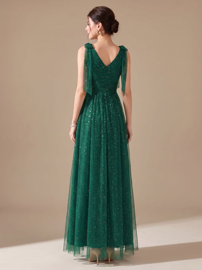 Elegant Glitter Tulle Wedding Guest Gown for Women with V-Neck Sleeveless Pleated Floor-Length Formal Style
