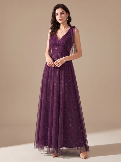 Elegant Glitter Tulle Wedding Guest Gown for Women with V-Neck Sleeveless Pleated Floor-Length Formal Style