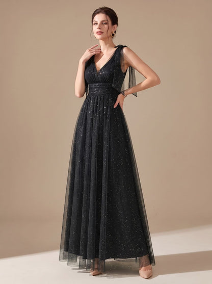Elegant Glitter Tulle Wedding Guest Gown for Women with V-Neck Sleeveless Pleated Floor-Length Formal Style