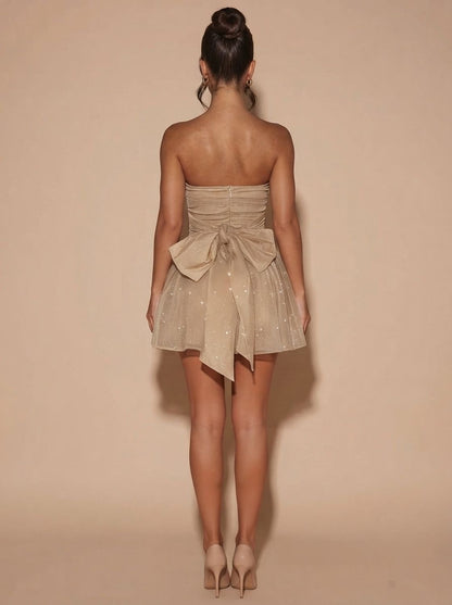 Elegant Gold Glitter Cocktail Mini Dress for Women with Strapless Flared Ruched Christmas Holiday Party Style