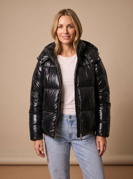 Cozy Glossy Puffer Jacket for Women with Hooded Collar Long Sleeve Quilted Zip Winter Style
