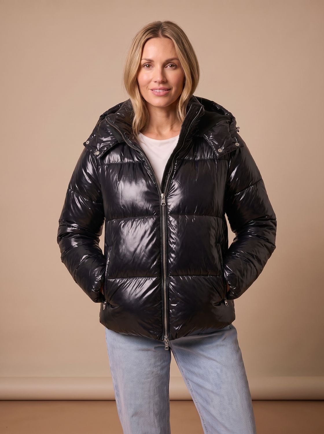 Cozy Glossy Puffer Jacket for Women with Hooded Collar Long Sleeve Quilted Zip Winter Style