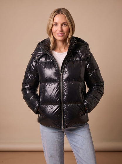 Cozy Glossy Puffer Jacket for Women with Hooded Collar Long Sleeve Quilted Zip Winter Style