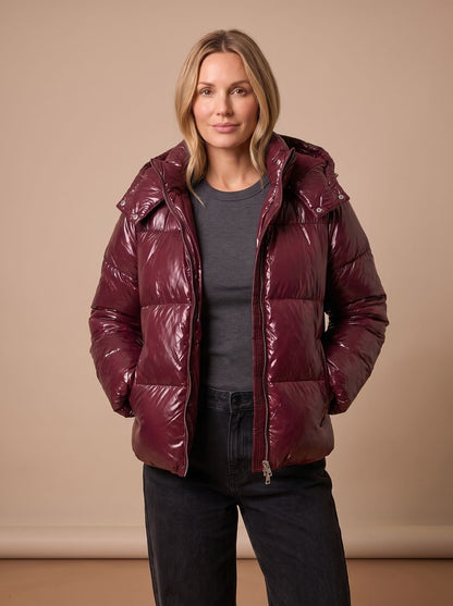 Cozy Glossy Puffer Jacket for Women with Hooded Collar Long Sleeve Quilted Zip Winter Style