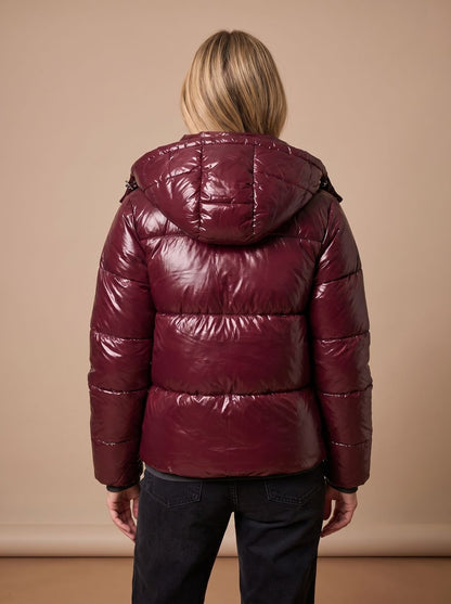 Cozy Glossy Puffer Jacket for Women with Hooded Collar Long Sleeve Quilted Zip Winter Style