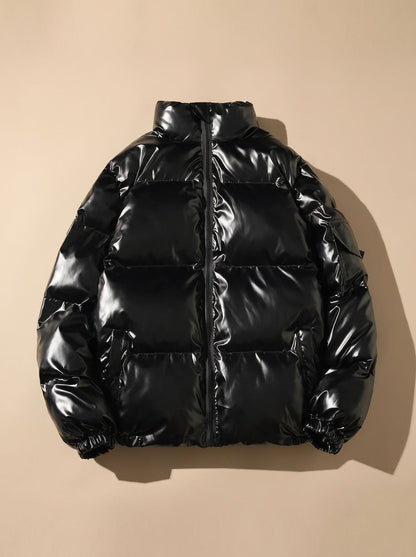 Cozy Glossy Puffer Jacket for Women with Stand Collar Long Sleeve Quilted Zip Winter Style