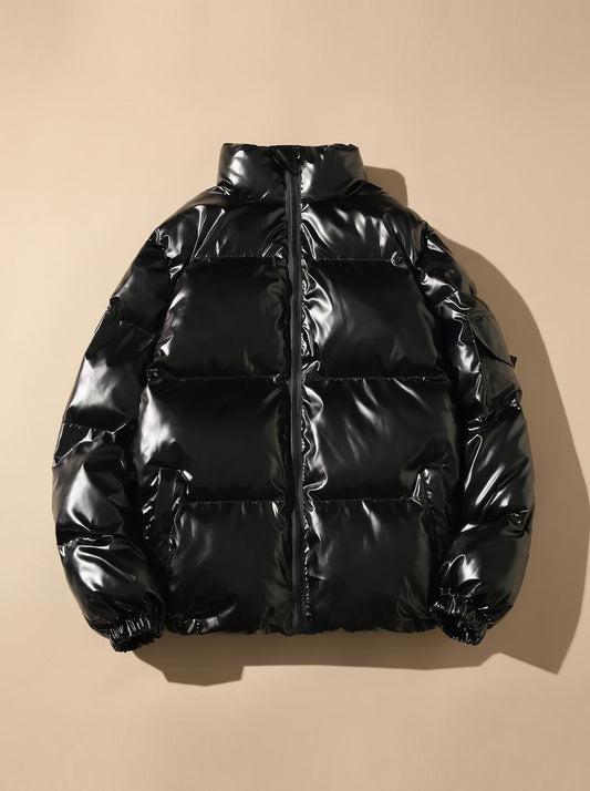 Cozy Glossy Puffer Jacket for Women with Stand Collar Long Sleeve Quilted Zip Winter Style