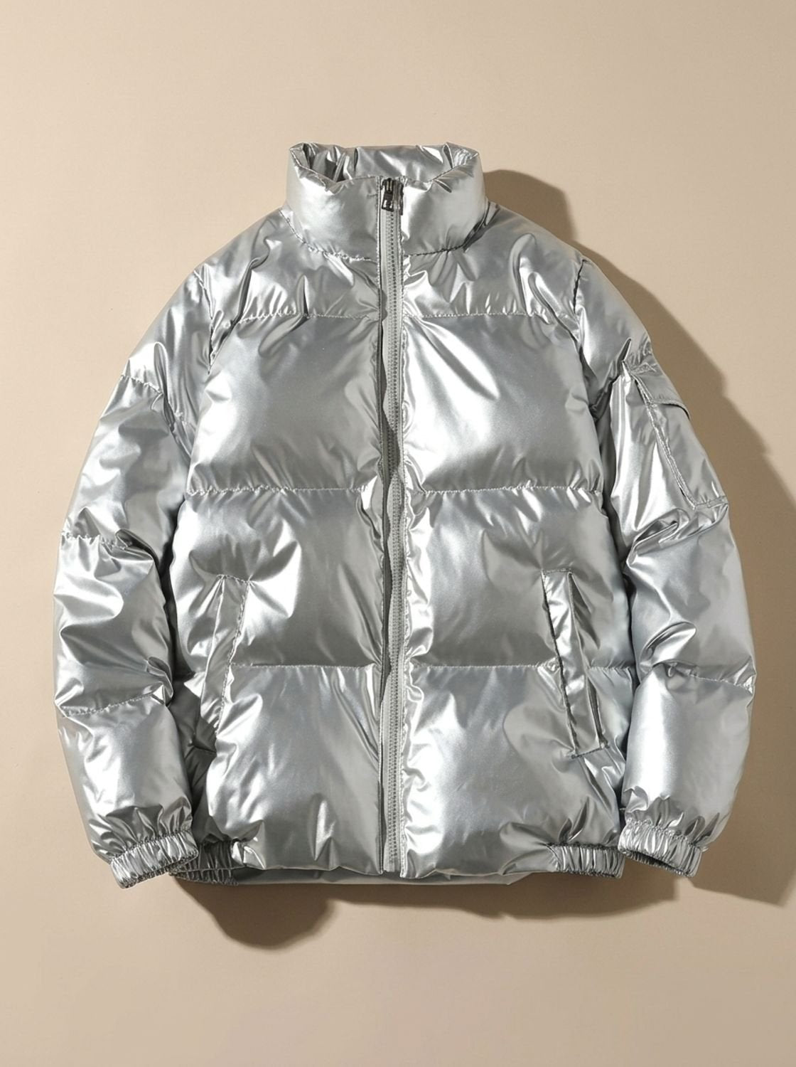 Cozy Glossy Puffer Jacket for Women with Stand Collar Long Sleeve Quilted Zip Winter Style