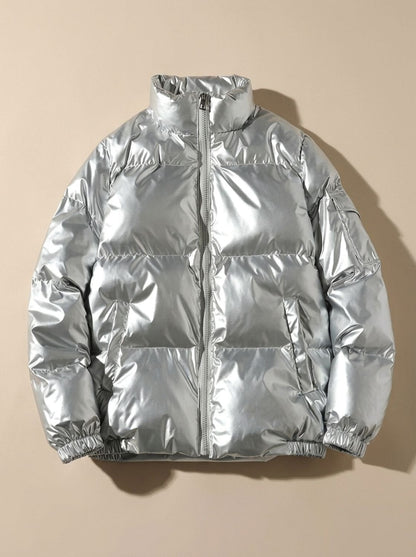 Cozy Glossy Puffer Jacket for Women with Stand Collar Long Sleeve Quilted Zip Winter Style